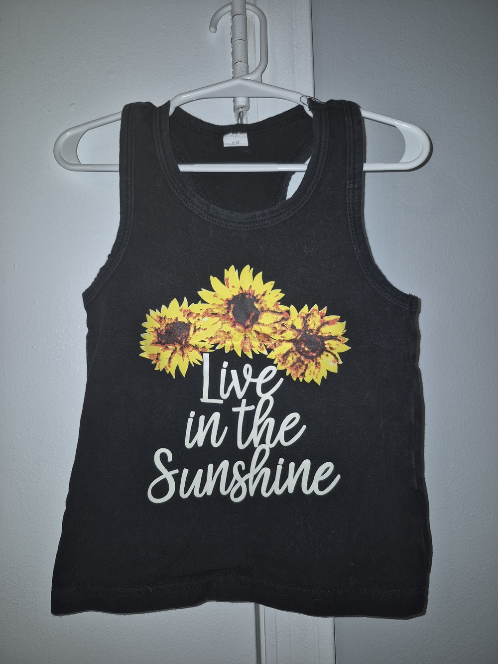 Live in the Sunshine Black Tank Top with Sunflower Graphic Source Unknown 3T